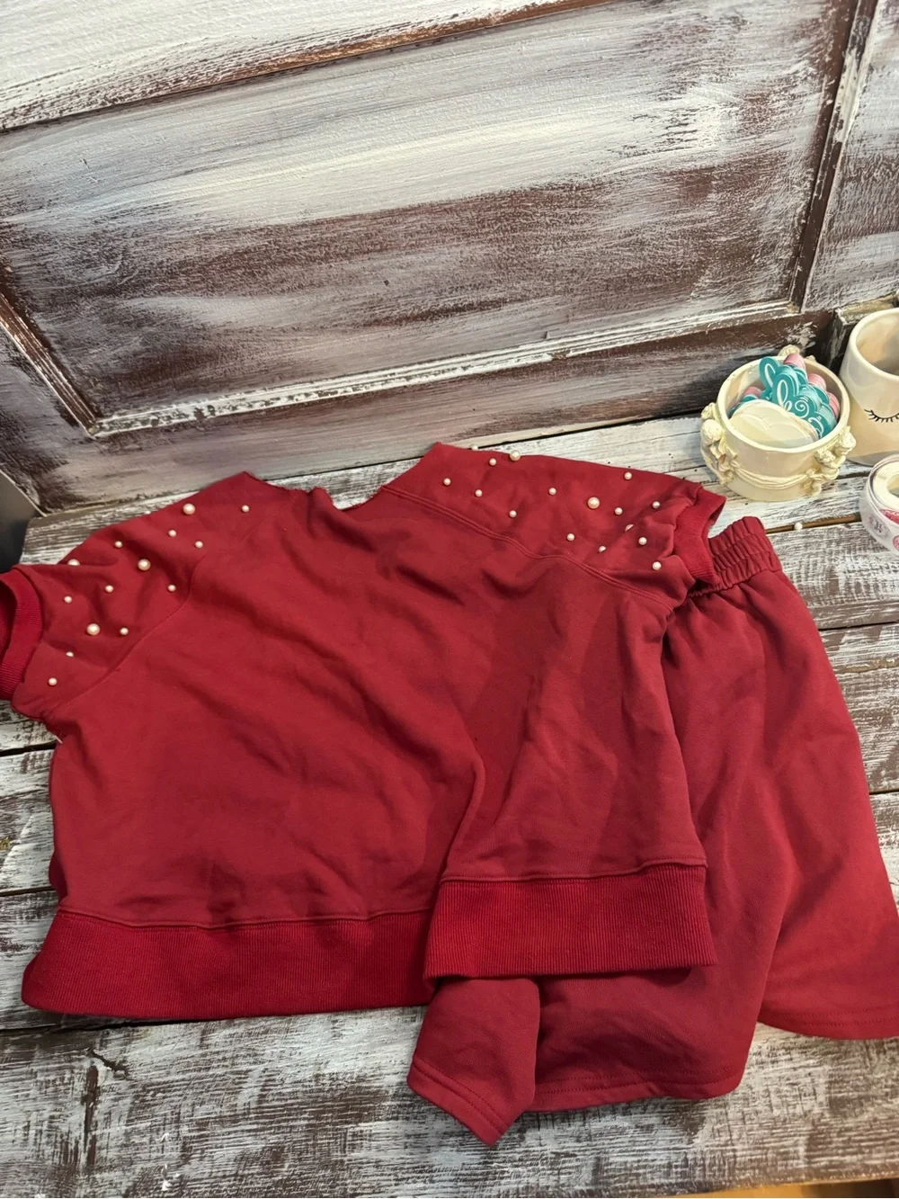 Peach Love California Burgundy Pearl-Embellished Lounge Set